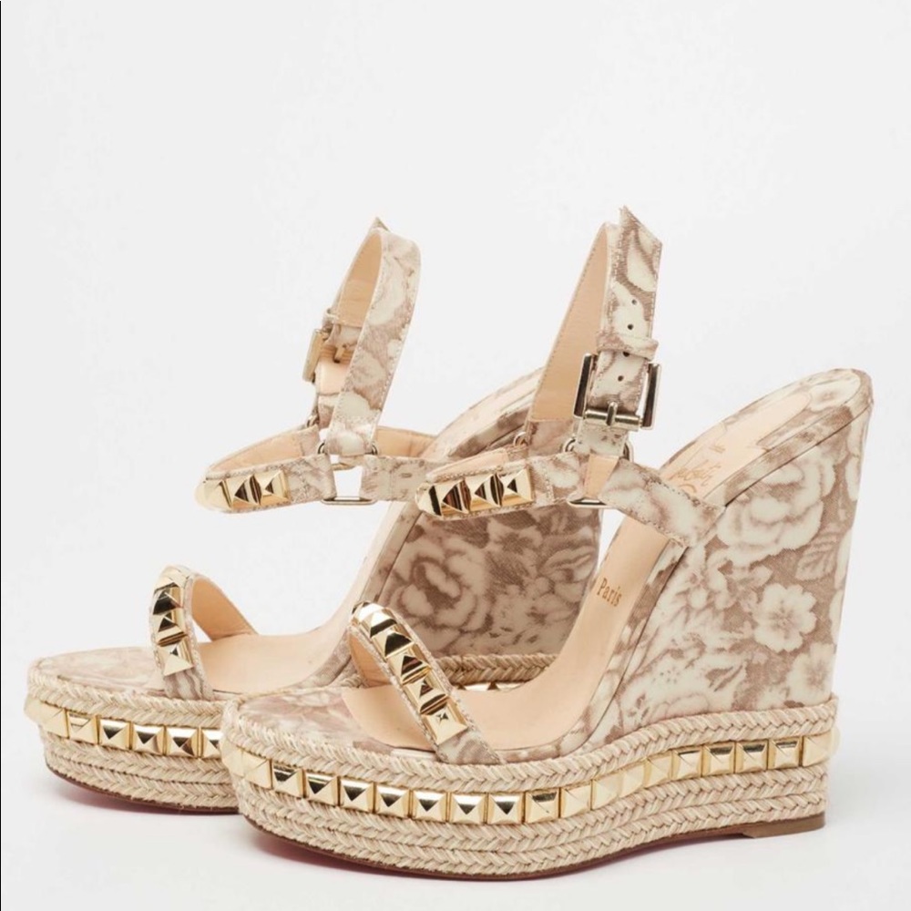 Christian Louboutin Beige Studded Pyraclou Espadrille Platform Wedge Size 37